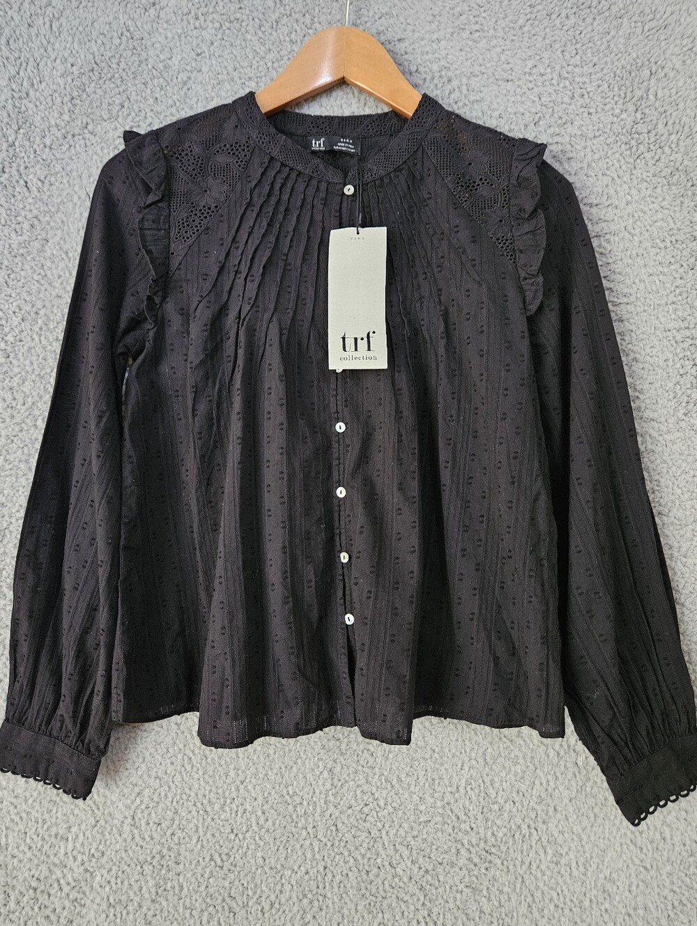 Zara Black Cotton Blouse XS Ruffled Lace Embroidered Boho Romantic Top